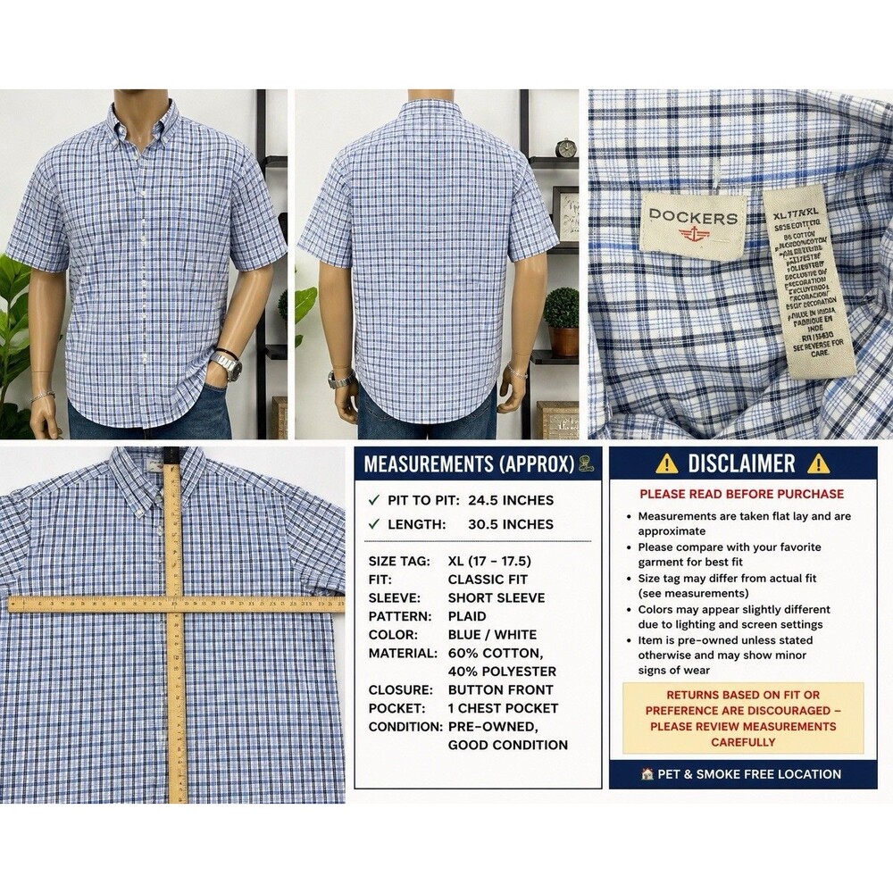 Dockers Mens XL Blue Plaid Short Sleeve Button Down Shirt Casual Y2K Dadcore Cot